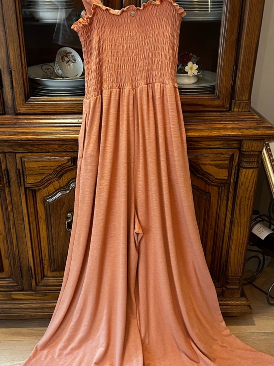 ROXY Pants - ROXY Jumpsuit Maxi Wide-Leg Smocked Bodice Straps Coral Sand Extra Small